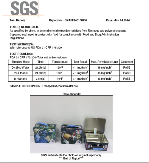 lunch tin box FDA test report